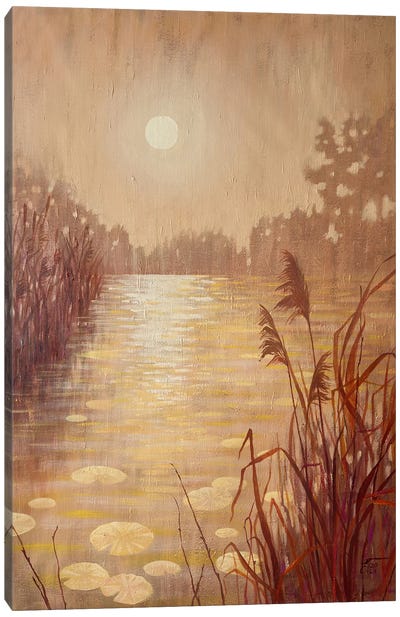 Pond With Reeds At Sunset Canvas Art Print - Ekaterina Prisich