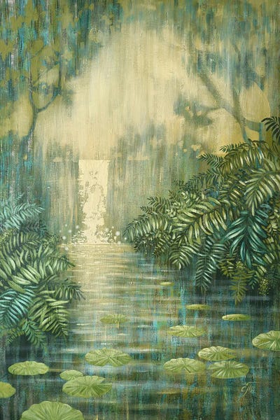 Ekaterina Prisich: Waterfall Among Green Ferns by Ekaterina Prisich