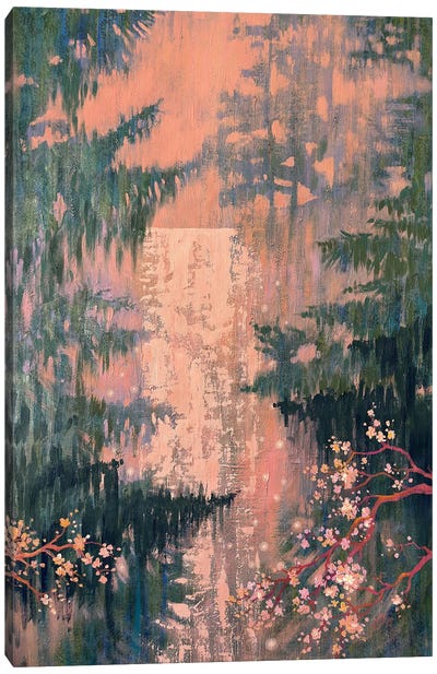 Waterfall Among Coniferous Trees And Sakura Canvas Art Print - Ekaterina Prisich