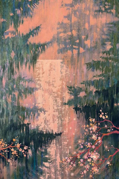 Ekaterina Prisich: Waterfall Among Coniferous Trees And Sakura by Ekaterina Prisich