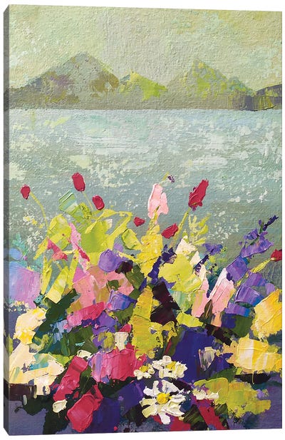 Wildflowers In Front Of Mountain Lake Canvas Art Print - Ekaterina Prisich