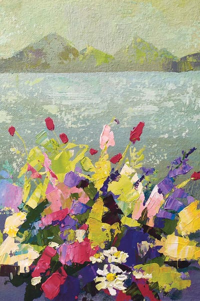 Ekaterina Prisich: Wildflowers In Front Of Mountain Lake by Ekaterina Prisich