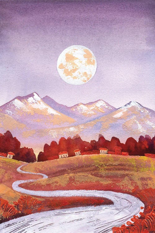 Full Moon Purple Orange Mountain And River Landscape