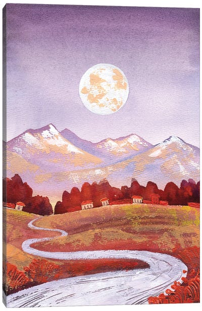 Full Moon Purple Orange Mountain And River Landscape Canvas Art Print - Ekaterina Prisich