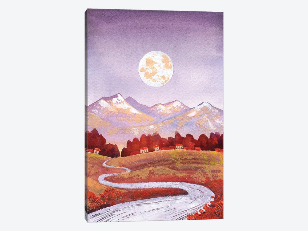 Full Moon Purple Orange Mountain And River Landscape by Ekaterina Prisich 1-piece Canvas Wall Art