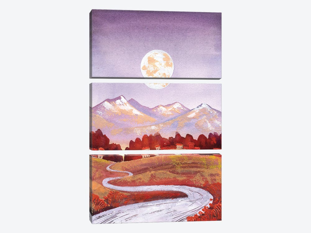 Full Moon Purple Orange Mountain And River Landscape by Ekaterina Prisich 3-piece Canvas Art
