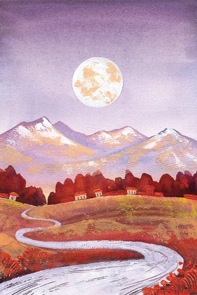 Ekaterina Prisich: Full Moon Purple Orange Mountain And River Landscape by Ekaterina Prisich