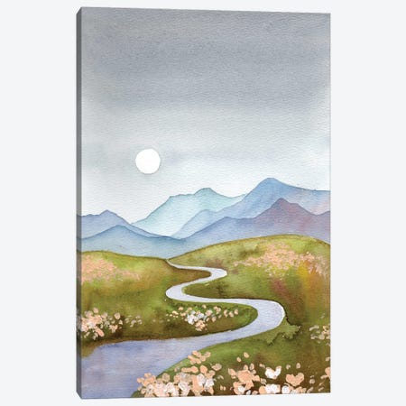 Blue Gray Hills - Mountain Landscape With River And Moon Canvas Print #EKP92} by Ekaterina Prisich Art Print