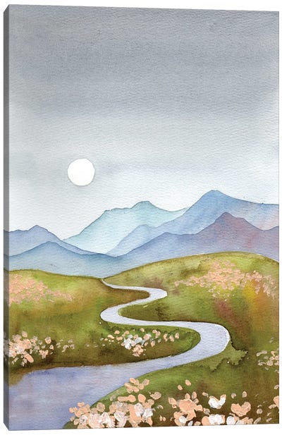 Blue Gray Hills - Mountain Landscape With River And Moon Canvas Art Print - Ekaterina Prisich