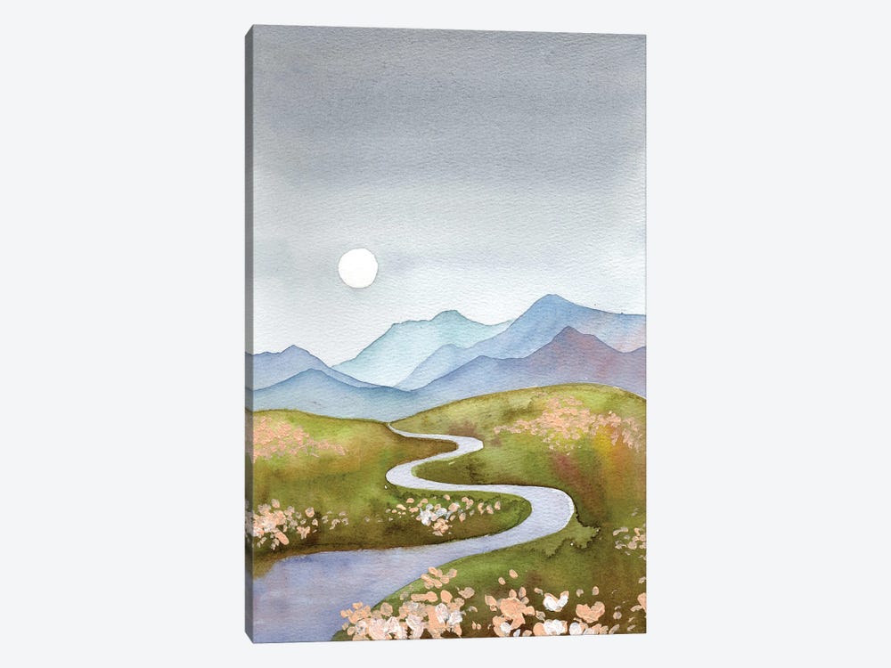 Blue Gray Hills - Mountain Landscape With River And Moon by Ekaterina Prisich 1-piece Canvas Print