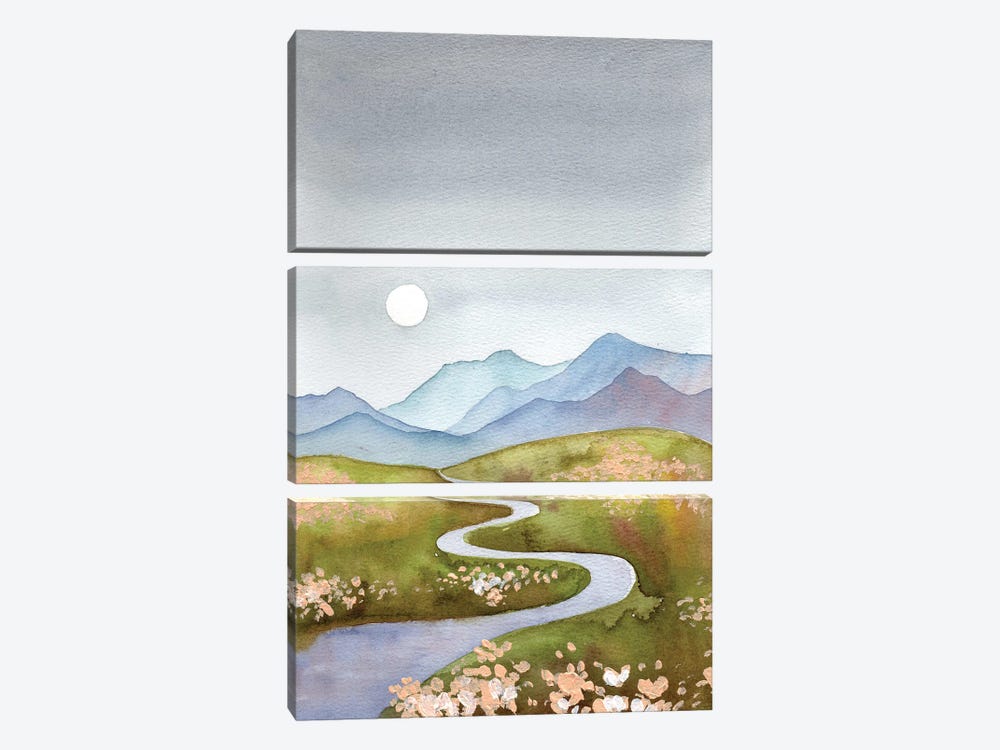 Blue Gray Hills - Mountain Landscape With River And Moon by Ekaterina Prisich 3-piece Canvas Print