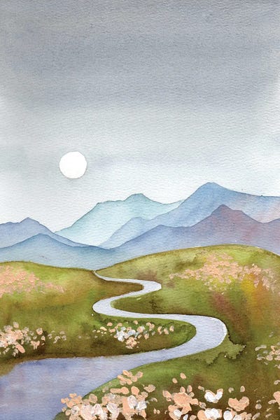 Ekaterina Prisich: Blue Gray Hills - Mountain Landscape With River And Moon by Ekaterina Prisich
