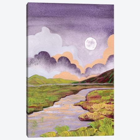 Cloudy Moon In The River Valley - Purple Green Landscape Canvas Print #EKP93} by Ekaterina Prisich Canvas Print