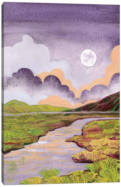 Cloudy Moon In The River Valley - Purple Green Landscape Canvas Art Print - Ekaterina Prisich