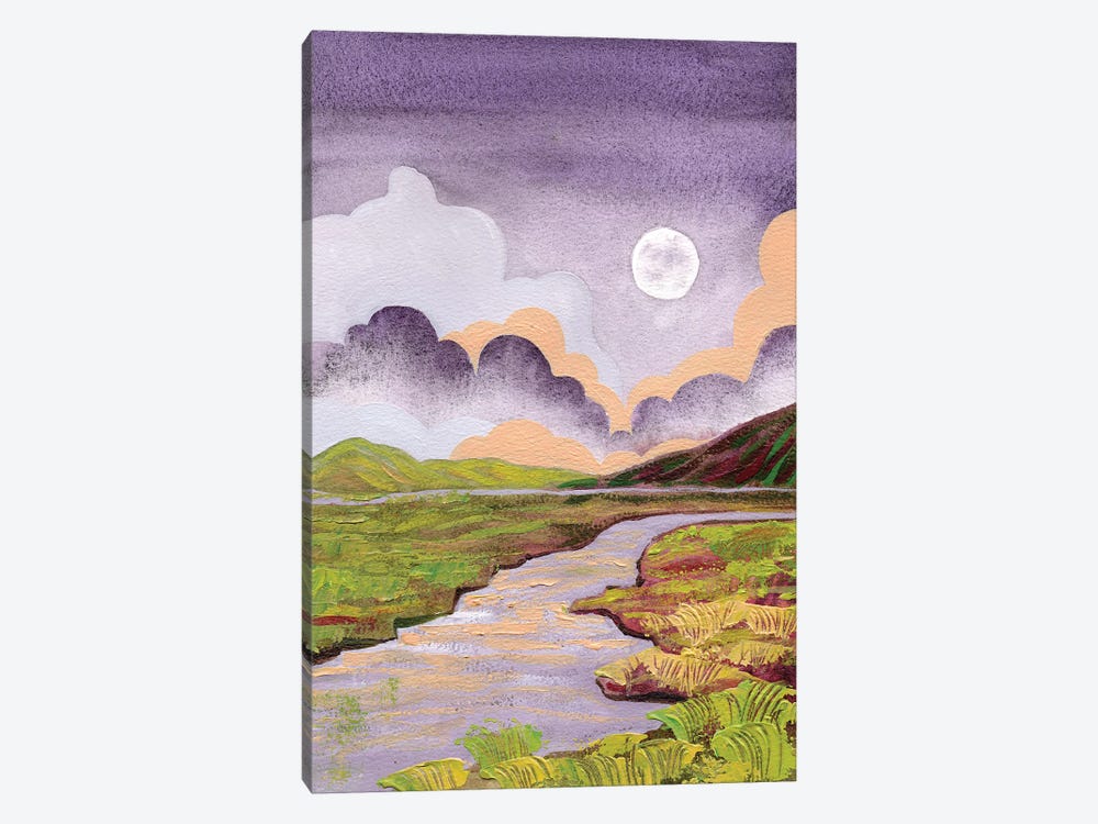 Cloudy Moon In The River Valley - Purple Green Landscape by Ekaterina Prisich 1-piece Canvas Artwork