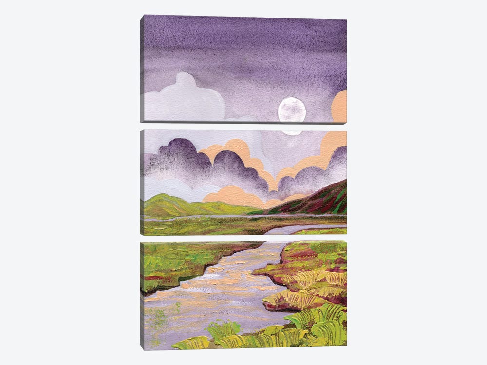 Cloudy Moon In The River Valley - Purple Green Landscape by Ekaterina Prisich 3-piece Canvas Art