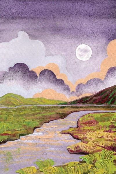 Ekaterina Prisich: Cloudy Moon In The River Valley - Purple Green Landscape by Ekaterina Prisich