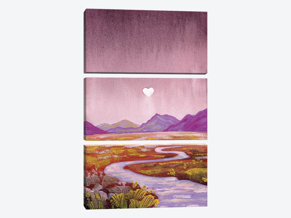 Love Valley - Pink Purple Mountain Landscape With River by Ekaterina Prisich 3-piece Canvas Art Print