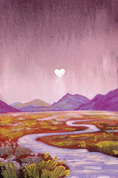 Ekaterina Prisich: Love Valley - Pink Purple Mountain Landscape With River by Ekaterina Prisich