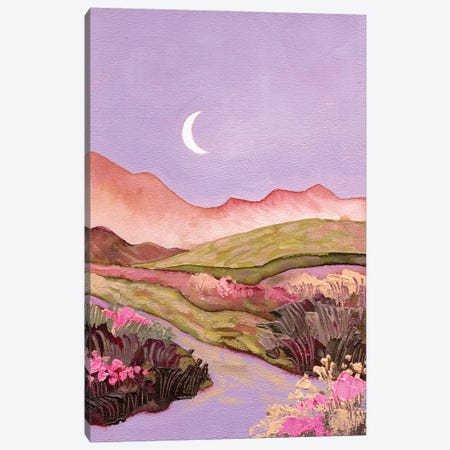 Lilac Sky And Moon Over Flowery Pink-Green Fields Landscape Canvas Print #EKP96} by Ekaterina Prisich Canvas Art