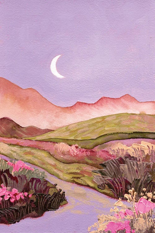 Lilac Sky And Moon Over Flowery Pink-Green Fields Landscape