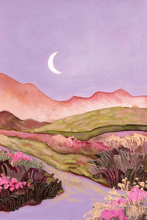 Lilac Sky And Moon Over Flowery Pink-Green Fields Landscape by Ekaterina Prisich wall art