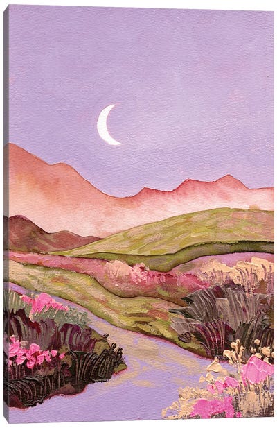 Lilac Sky And Moon Over Flowery Pink-Green Fields Landscape Canvas Art Print - Ekaterina Prisich