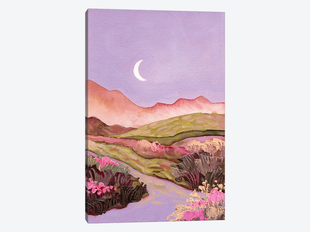 Lilac Sky And Moon Over Flowery Pink-Green Fields Landscape by Ekaterina Prisich 1-piece Canvas Print