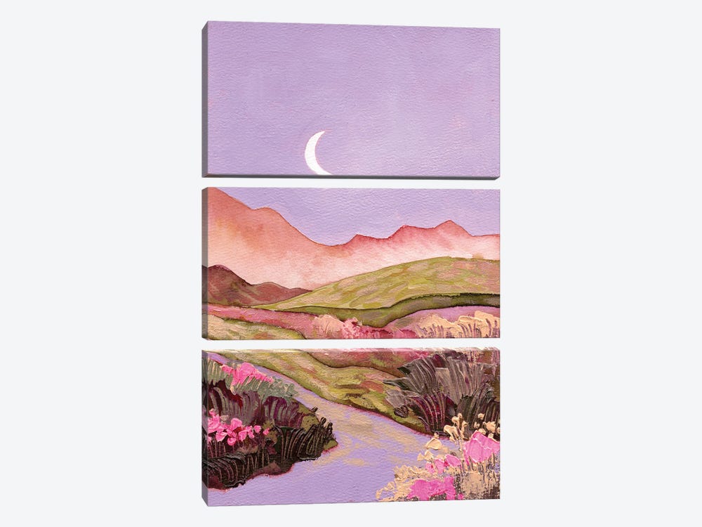 Lilac Sky And Moon Over Flowery Pink-Green Fields Landscape by Ekaterina Prisich 3-piece Canvas Print