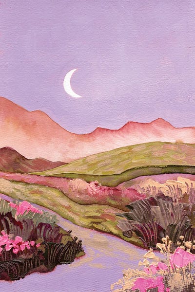 Ekaterina Prisich: Lilac Sky And Moon Over Flowery Pink-Green Fields Landscape by Ekaterina Prisich