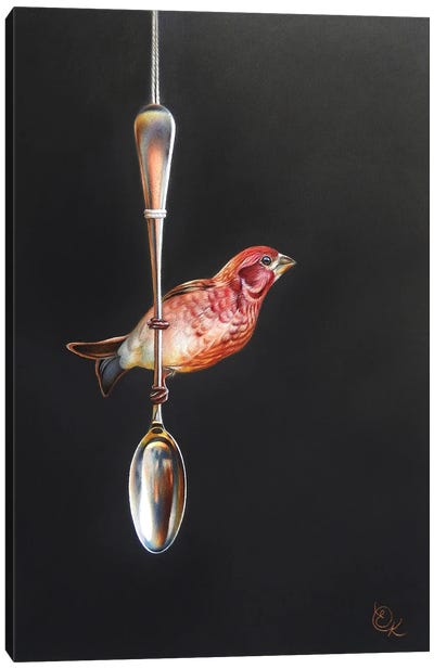 Vintage Spoon And Finch Canvas Art Print - Elena Kolotusha