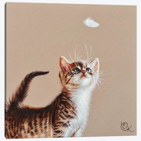 Kitten And Feather Canvas Print #EKT28} by Elena Kolotusha Canvas Wall Art