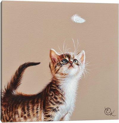 Kitten And Feather Canvas Art Print - Elena Kolotusha