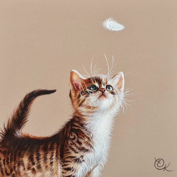 Elena Kolotusha: Kitten And Feather by Elena Kolotusha
