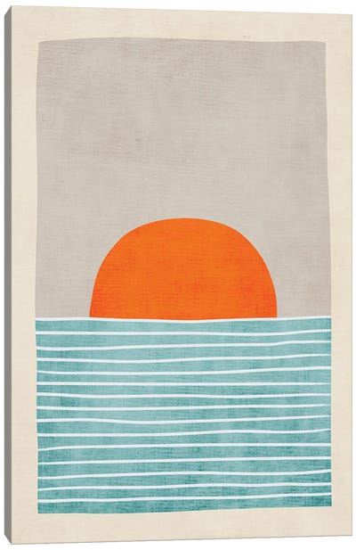 Orange Sun Sea Sunset Canvas Art Print - Teal Abstract Art