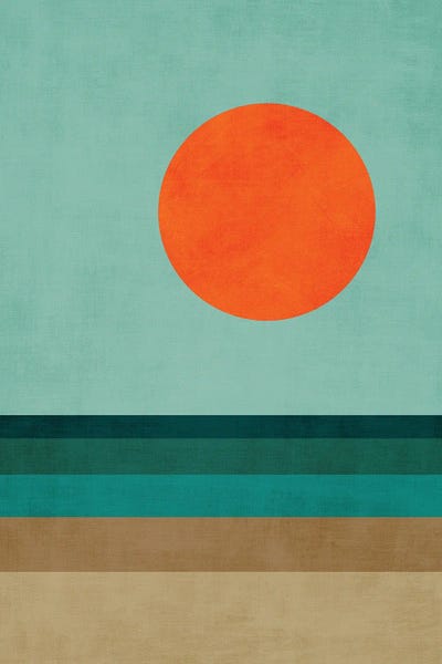 Teal Abstract Art: Orange Sun Teal Brown Sea Beach Landscape I by EmcDesignLab