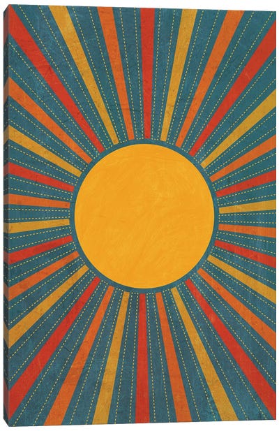 Retro Sunburst Teal Yellow Red Canvas Art Print - 70's Sunsets