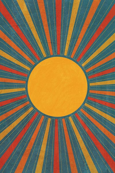 Teal Abstract Art: Retro Sunburst Teal Yellow Red by EmcDesignLab