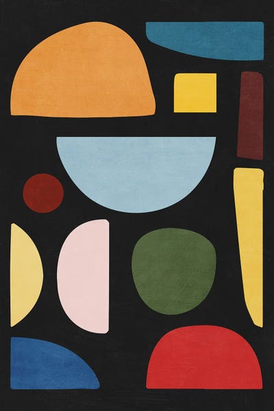 EmcDesignLab: Simple Colorful Shapes Black Background Wall Art by EmcDesignLab