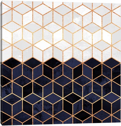 White And Navy Cubes Canvas Art Print - Gold Abstract Art