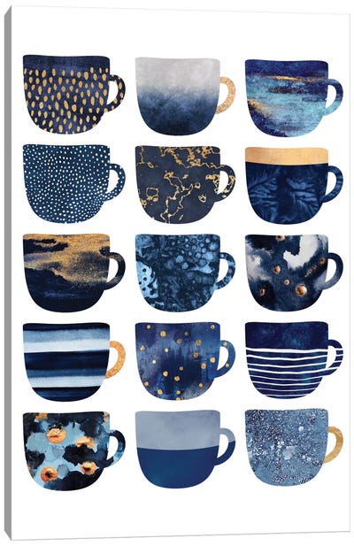 Pretty Blue Coffee Cups I Canvas Art Print - Minimalist Kitchen Art