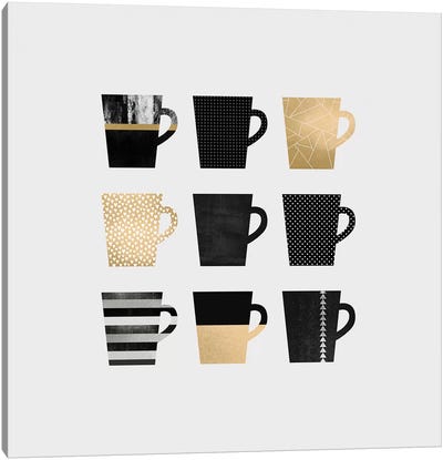 Coffee Mugs Canvas Art Print - Black, White & Gold Art