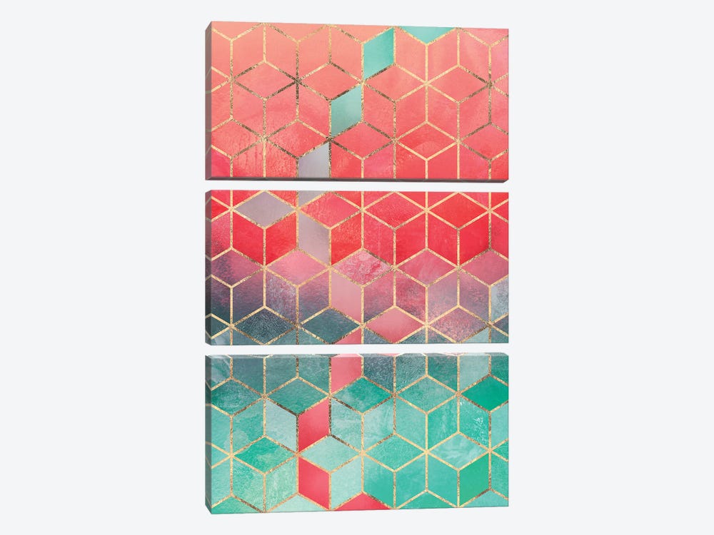 Rose & Turquoise Cubes, Rectangular 3-piece Canvas Wall Art