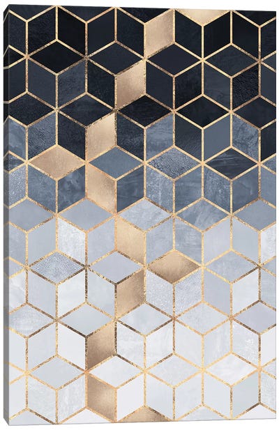 Soft Blue Gradient Cubes, Rectangular Canvas Art Print - Gold Abstract Art