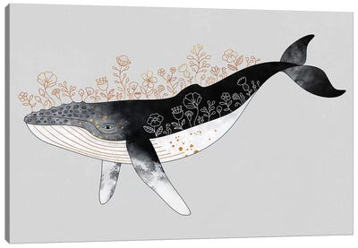 Floral Whale Canvas Art Print - Kids Ocean Life Art