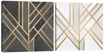 Art Deco Geometry Diptych Canvas Art Print - Black & White Patterns