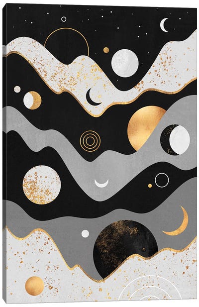 Lunar Landscape Canvas Art Print - Black, White & Gold Art