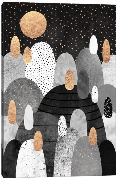 Little Land Of Pebbles By Night Canvas Art Print - Black, White & Gold Art