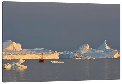 Fisher Boat And Icebergs In Greenland Canvas Art Print - Glacier & Iceberg Art