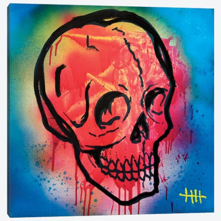 Pink Skull On Blue Wood Canvas Print #ELV71} by Eddie Love Canvas Art